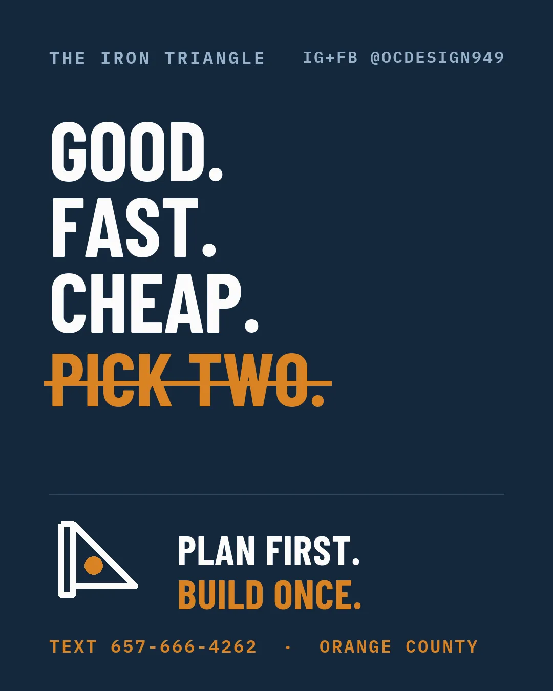 A feed graphic reading: good, fast, cheap — the triangle has a centre